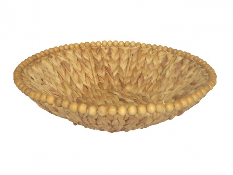 Premium Water Hyacinth Bowl with Wooden Bead Rim - Eco-Friendly Storage Tray